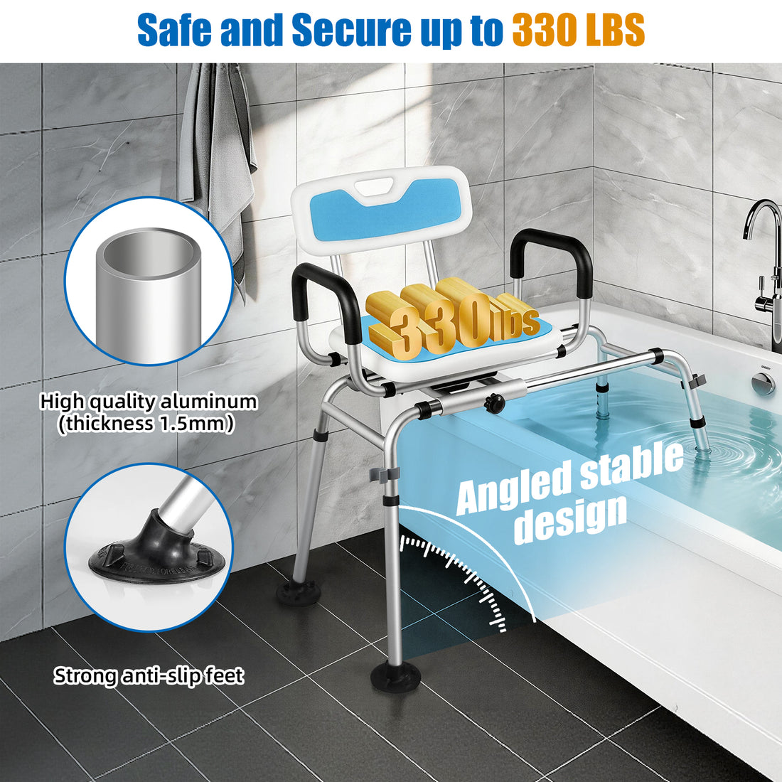 Blue tub transfer bench stability infographic showing the angled aluminum frame, non-slip feet, and a 330 lb weight capacity label.