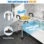 Blue tub transfer bench stability infographic showing the angled aluminum frame, non-slip feet, and a 330 lb weight capacity label.