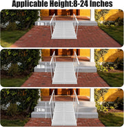 Extended wheelchair ramp with handrails shown at three home entrances, illustrating applicable step heights of 8, 16, and 24 inches.