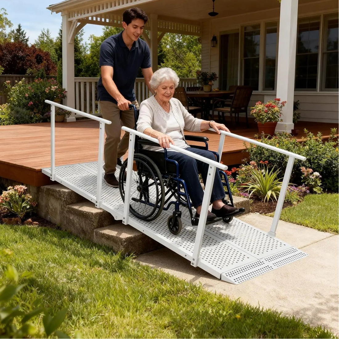 Man assisting an older woman in a wheelchair down an extended white ramp with handrails over the steps of a home porch.