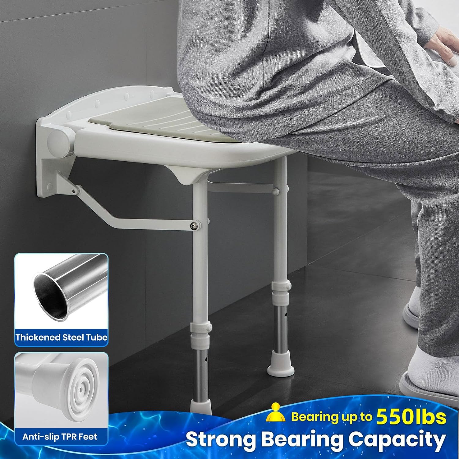 Person seated on a wall-mounted folding shower seat, with close-ups of the reinforced metal tubing and non-slip TPR feet, plus a stated 550 lb capacity.