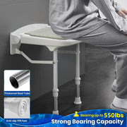 Person seated on a wall-mounted folding shower seat, with close-ups of the reinforced metal tubing and non-slip TPR feet, plus a stated 550 lb capacity.