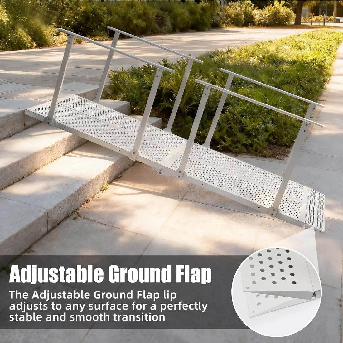 Extended white wheelchair ramp with handrails positioned over outdoor steps, with a close-up of the adjustable ground flap at the lower end.
