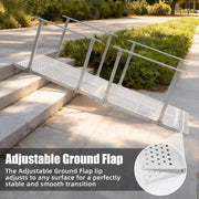Extended white wheelchair ramp with handrails positioned over outdoor steps, with a close-up of the adjustable ground flap at the lower end.