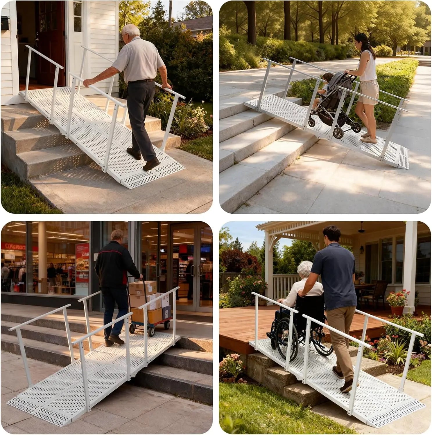 Four-panel use-case graphic showing an extended wheelchair ramp with handrails used by a pedestrian, a stroller, a delivery cart, and a wheelchair user.