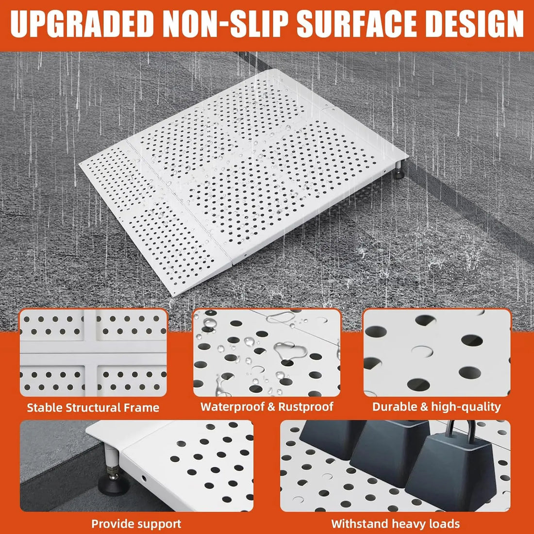 Waterproof and rust-resistant wheelchair threshold ramp with reinforced frame and non-slip perforated surface