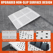 Waterproof and rust-resistant wheelchair threshold ramp with reinforced frame and non-slip perforated surface