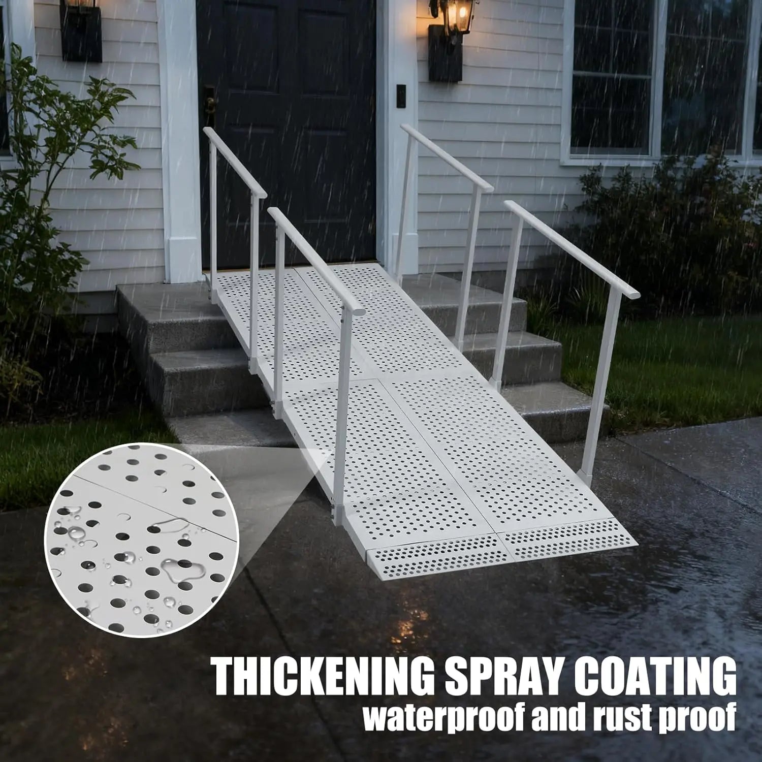 Extended white wheelchair ramp with handrails installed over outdoor steps in the rain, with a close-up of water droplets on the perforated deck and its protective coating.