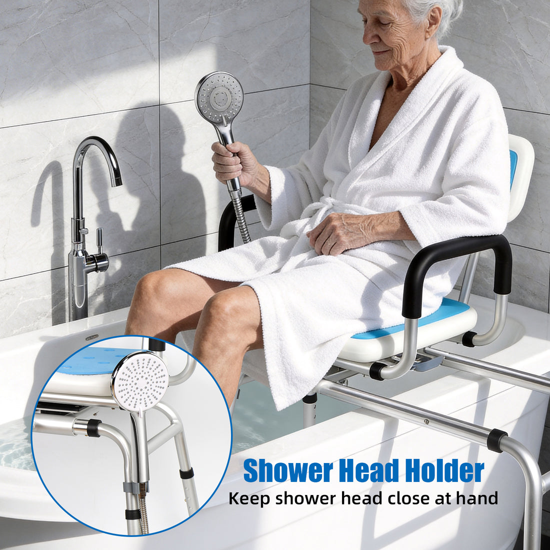 Senior seated on a blue tub transfer bench while holding a handheld shower head, with an inset showing the shower head holder attached to the frame.