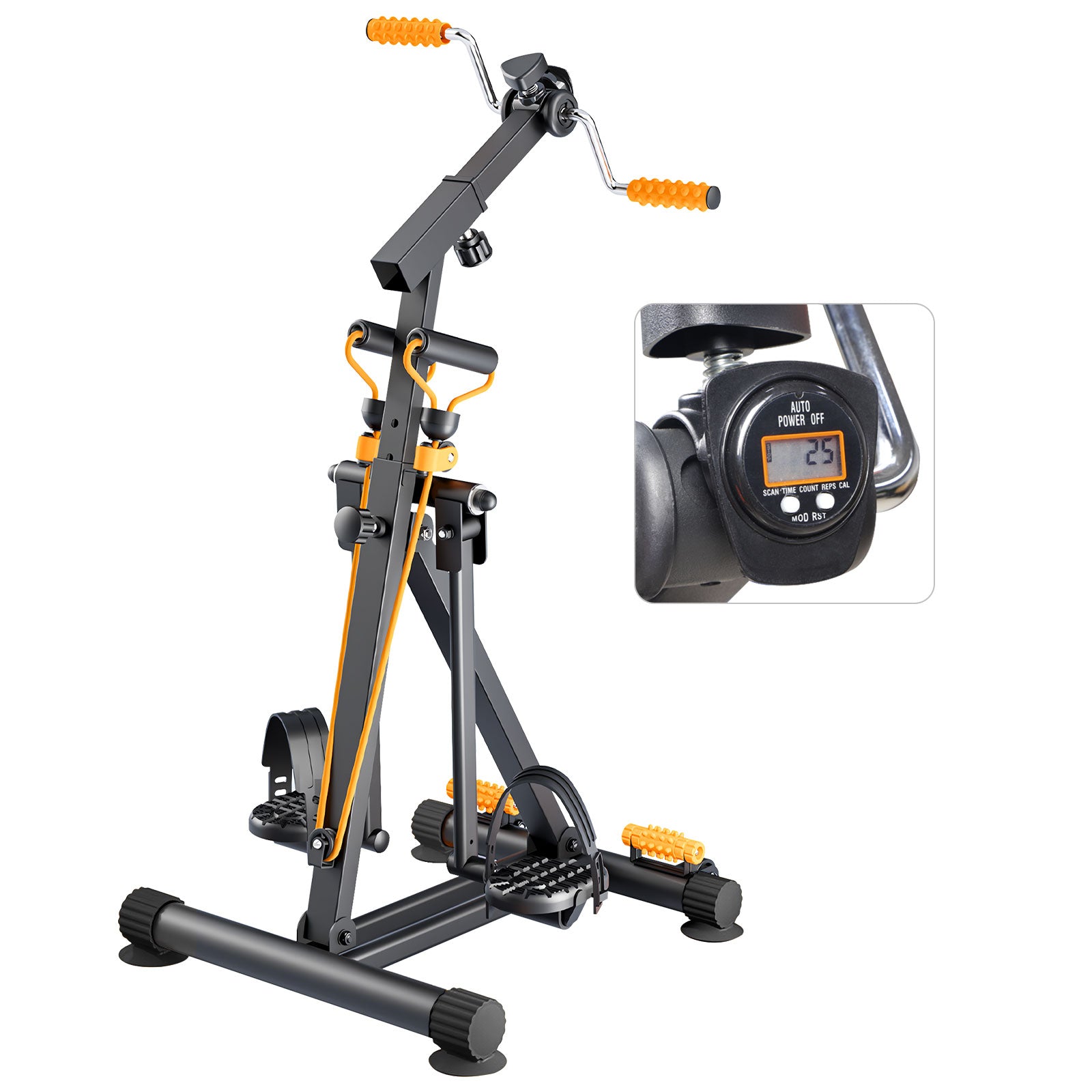 Black adjustable-resistance arm and leg exerciser with orange hand grips, foot pedals, resistance bands, and a digital exercise counter on a white background.