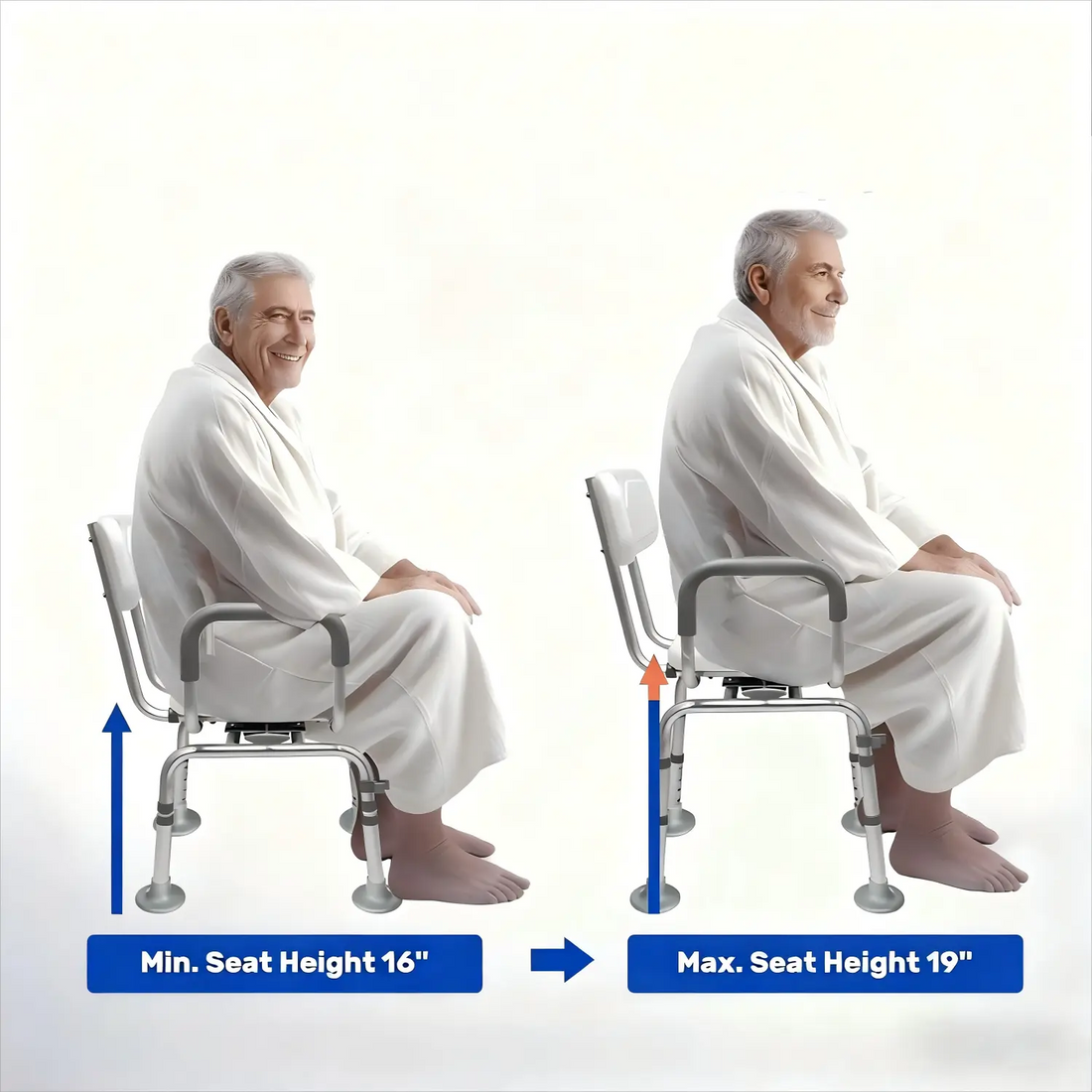 Older man seated on the swivel shower chair at its minimum and maximum height settings, illustrating the adjustable seat height from 16 to 19 inches.