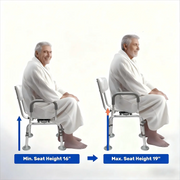 Older man seated on the swivel shower chair at its minimum and maximum height settings, illustrating the adjustable seat height from 16 to 19 inches.