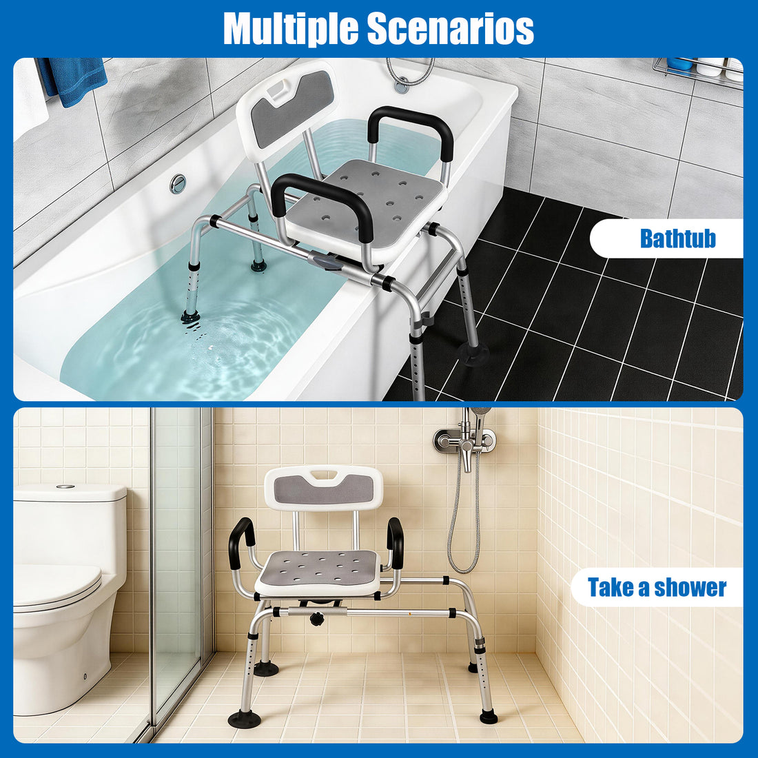 Gray swivel shower transfer bench shown across a bathtub and as a freestanding shower seat, illustrating two bathroom use configurations.