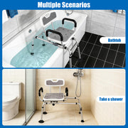 Gray swivel shower transfer bench shown across a bathtub and as a freestanding shower seat, illustrating two bathroom use configurations.