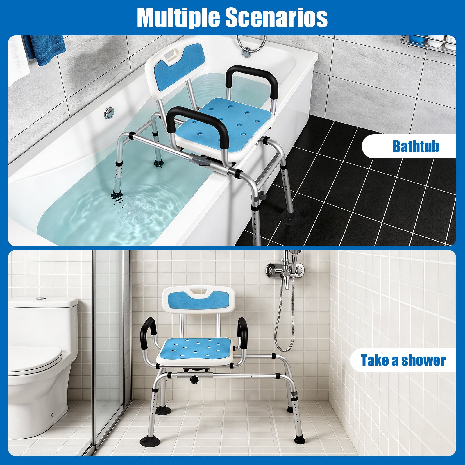 Blue swivel shower transfer bench shown in a bathtub transfer setup and a separate shower area, illustrating two bathroom use configurations.