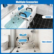 Blue swivel shower transfer bench shown in a bathtub transfer setup and a separate shower area, illustrating two bathroom use configurations.