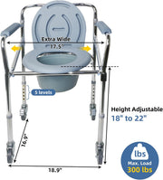 Dimension diagram of the adjustable bedside commode chair showing a 17.5-inch seat width, 18–22 inch height range, 18.9-inch base width, and stated 300 lb weight capacity.