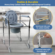 Portable commode chair stability infographic showing reinforced side rods and a close-up of the thickened carbon steel tubing, labeled up to 1 inch in diameter.