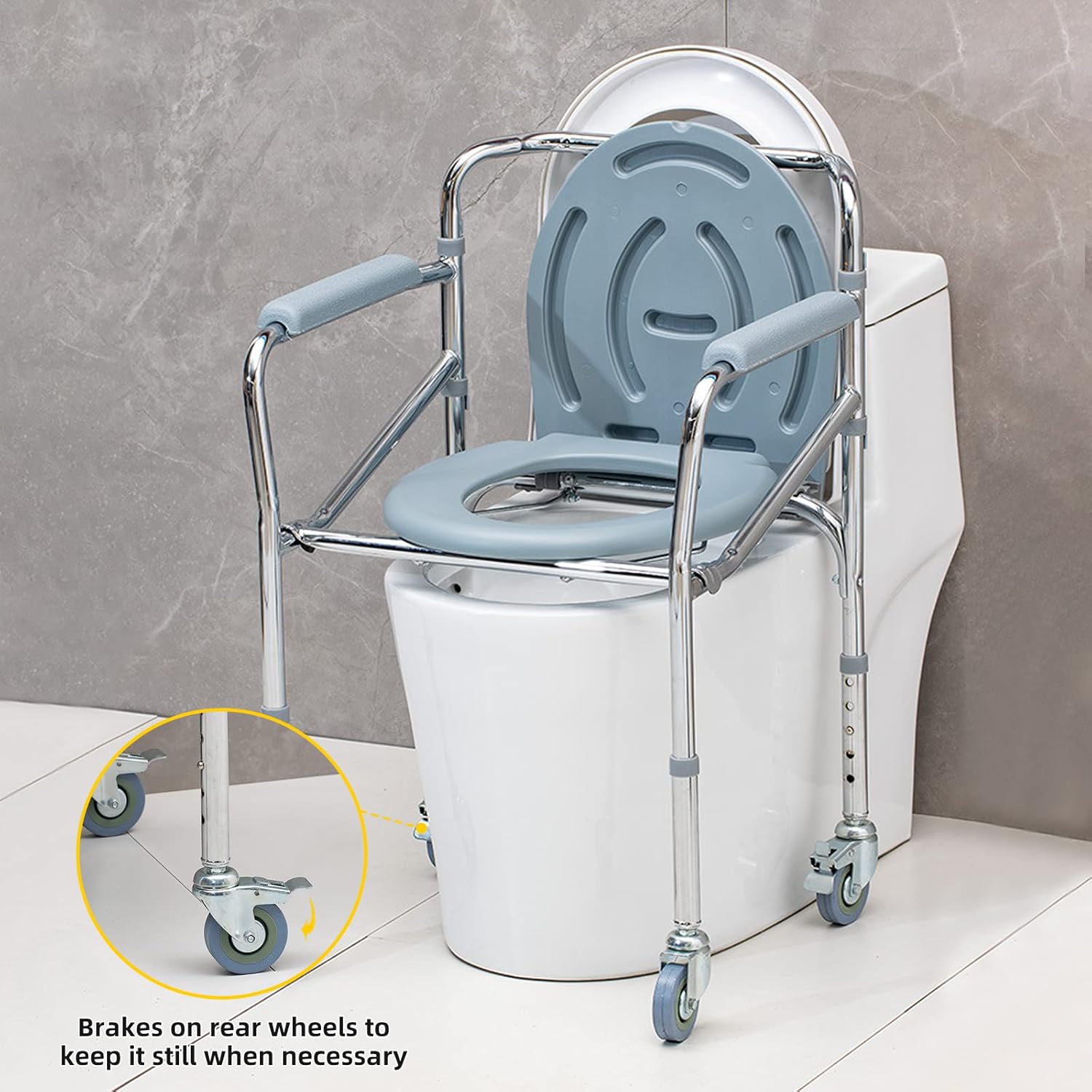 Portable commode chair positioned over a standard toilet, with an inset highlighting the rear caster brake for securing the chair in place.