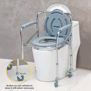 Portable commode chair positioned over a standard toilet, with an inset highlighting the rear caster brake for securing the chair in place.