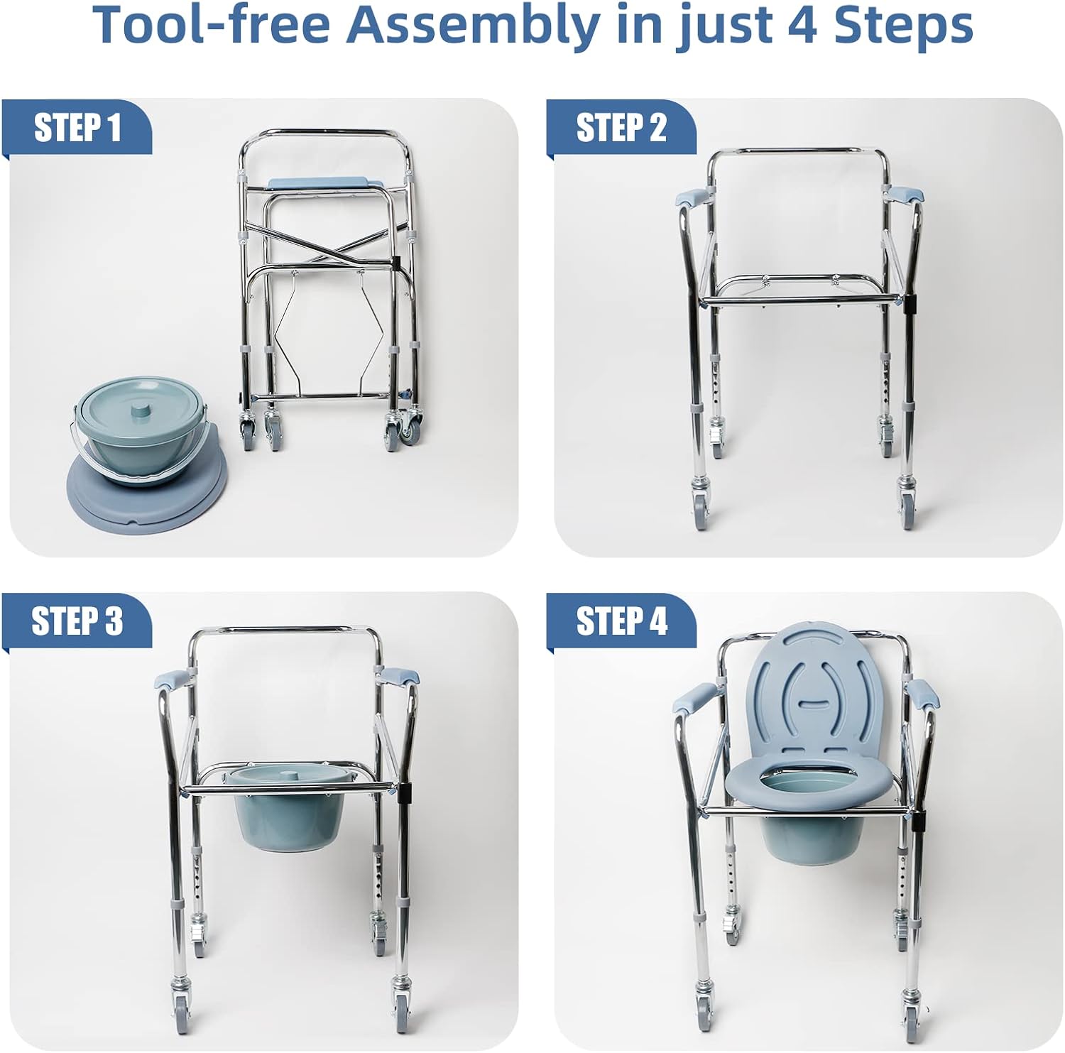Four-step tool-free assembly guide for the bedside commode chair, showing the folded frame, unfolded chair, installed pail, and attached seat and backrest.