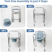 Four-step tool-free assembly guide for the bedside commode chair, showing the folded frame, unfolded chair, installed pail, and attached seat and backrest.