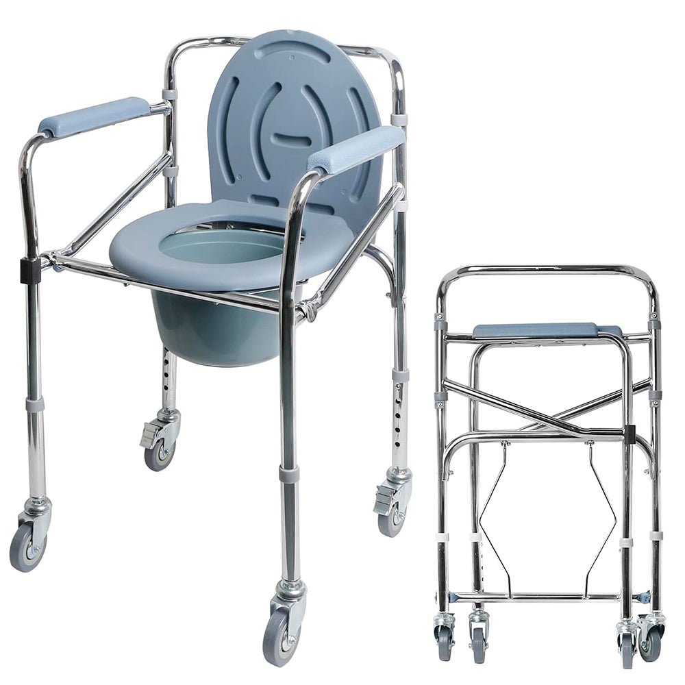 Portable bedside commode chair with wheels, padded armrests, a removable pail, and adjustable metal legs, shown beside its folded frame.