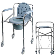 Portable bedside commode chair with wheels, padded armrests, a removable pail, and adjustable metal legs, shown beside its folded frame.