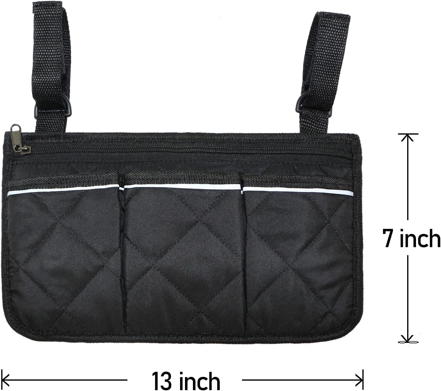 Dimension diagram of the black quilted walker bag showing a 13-inch width and 7-inch height, with three front pockets, a zippered compartment, and two attachment straps.