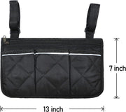 Dimension diagram of the black quilted walker bag showing a 13-inch width and 7-inch height, with three front pockets, a zippered compartment, and two attachment straps.