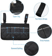 Four-detail infographic of the black walker bag highlighting the zippered compartment, two adjustable hook-and-loop straps, three front pockets, and diamond-quilted fabric.