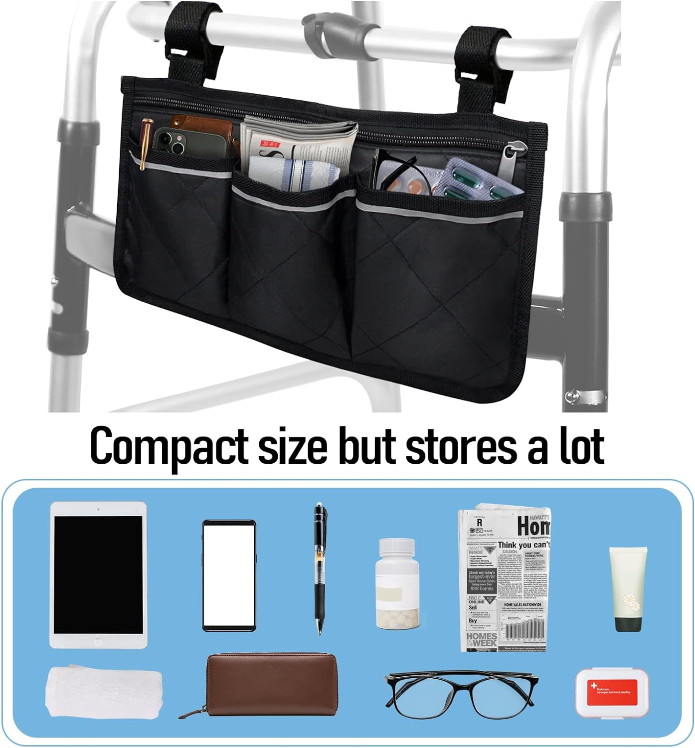 Compact walker bag shown holding daily essentials, with an item layout including a tablet, phone, pen, medicine bottle, newspaper, wallet, glasses, and small personal items.