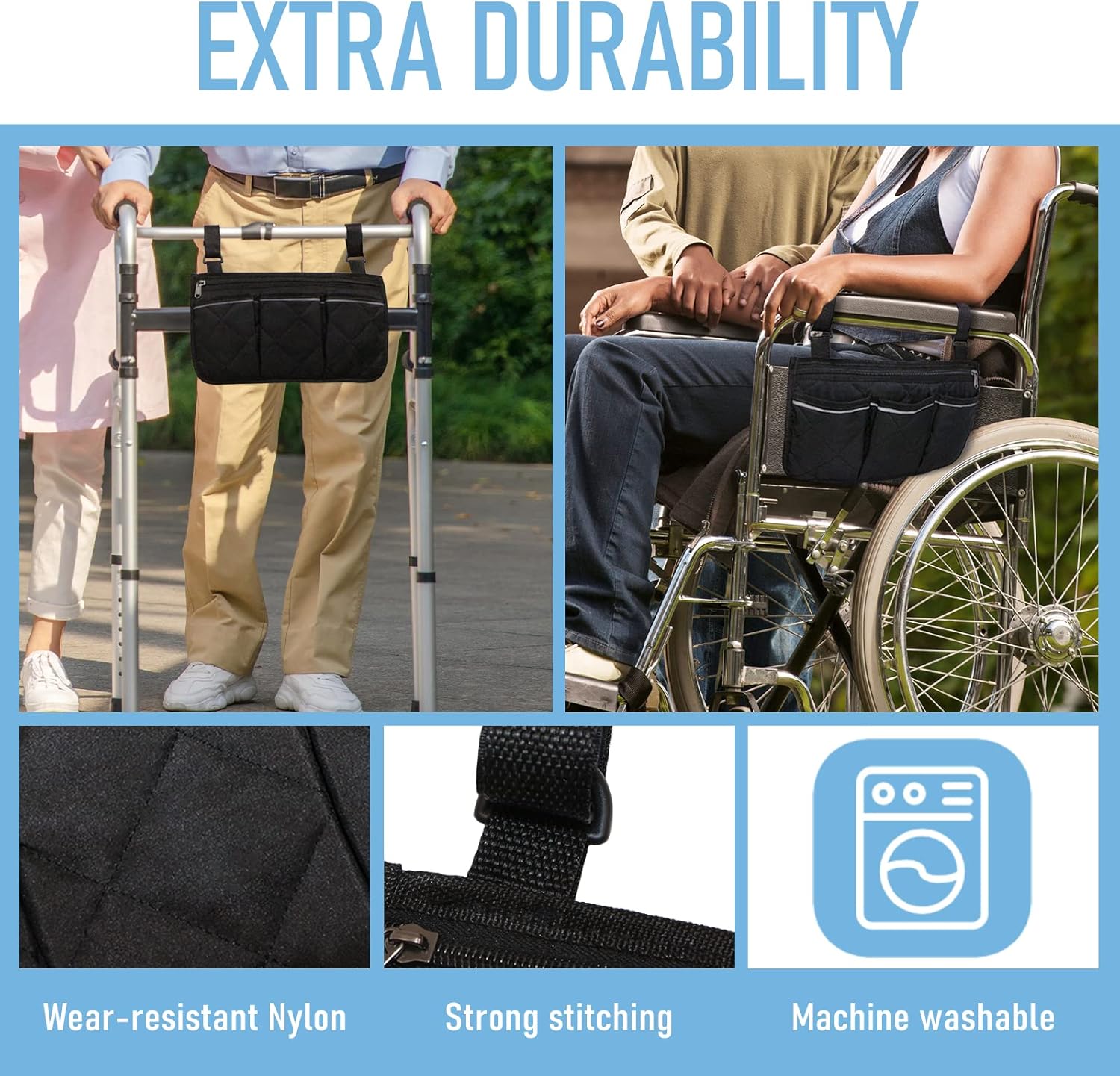 Walker bag durability infographic showing use on a folding walker and wheelchair, with close-ups of wear-resistant nylon, reinforced stitching, and a machine-washable symbol.
