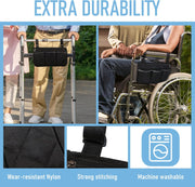 Walker bag durability infographic showing use on a folding walker and wheelchair, with close-ups of wear-resistant nylon, reinforced stitching, and a machine-washable symbol.