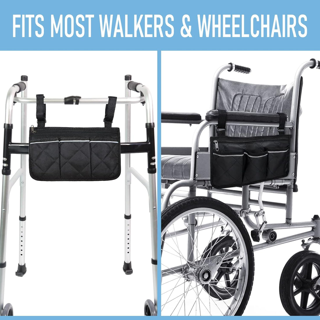 Black quilted storage bag shown attached to a folding walker and the back of a wheelchair, illustrating the adjustable strap attachment on both mobility aids.