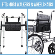 Black quilted storage bag shown attached to a folding walker and the back of a wheelchair, illustrating the adjustable strap attachment on both mobility aids.