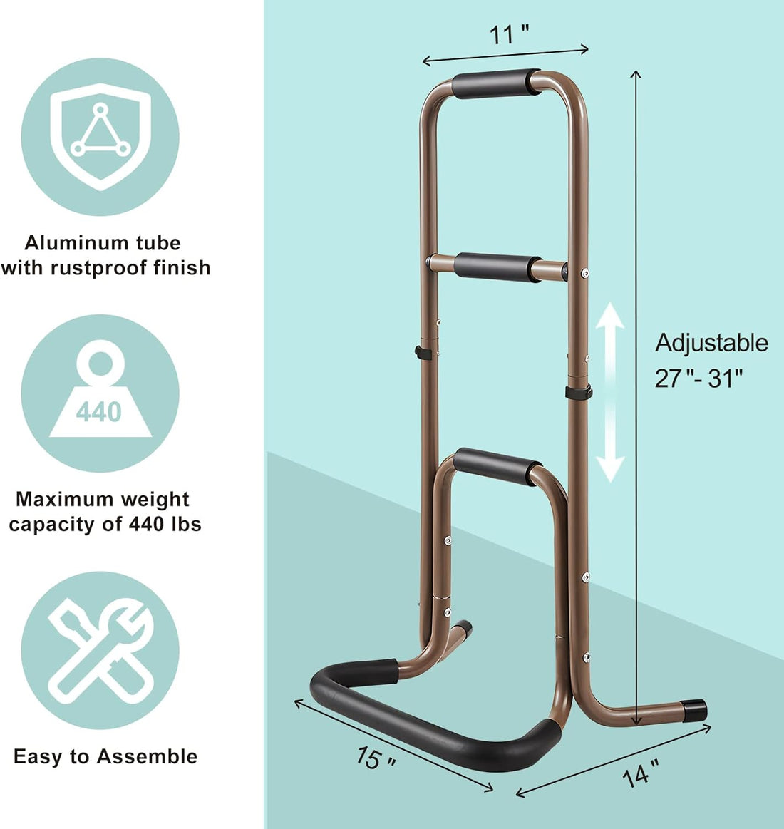 Dimension diagram of the adjustable aluminum stand assist showing an 11-inch top width, 15 x 14 inch base, 27–31 inch height range, and stated 440 lb weight capacity.