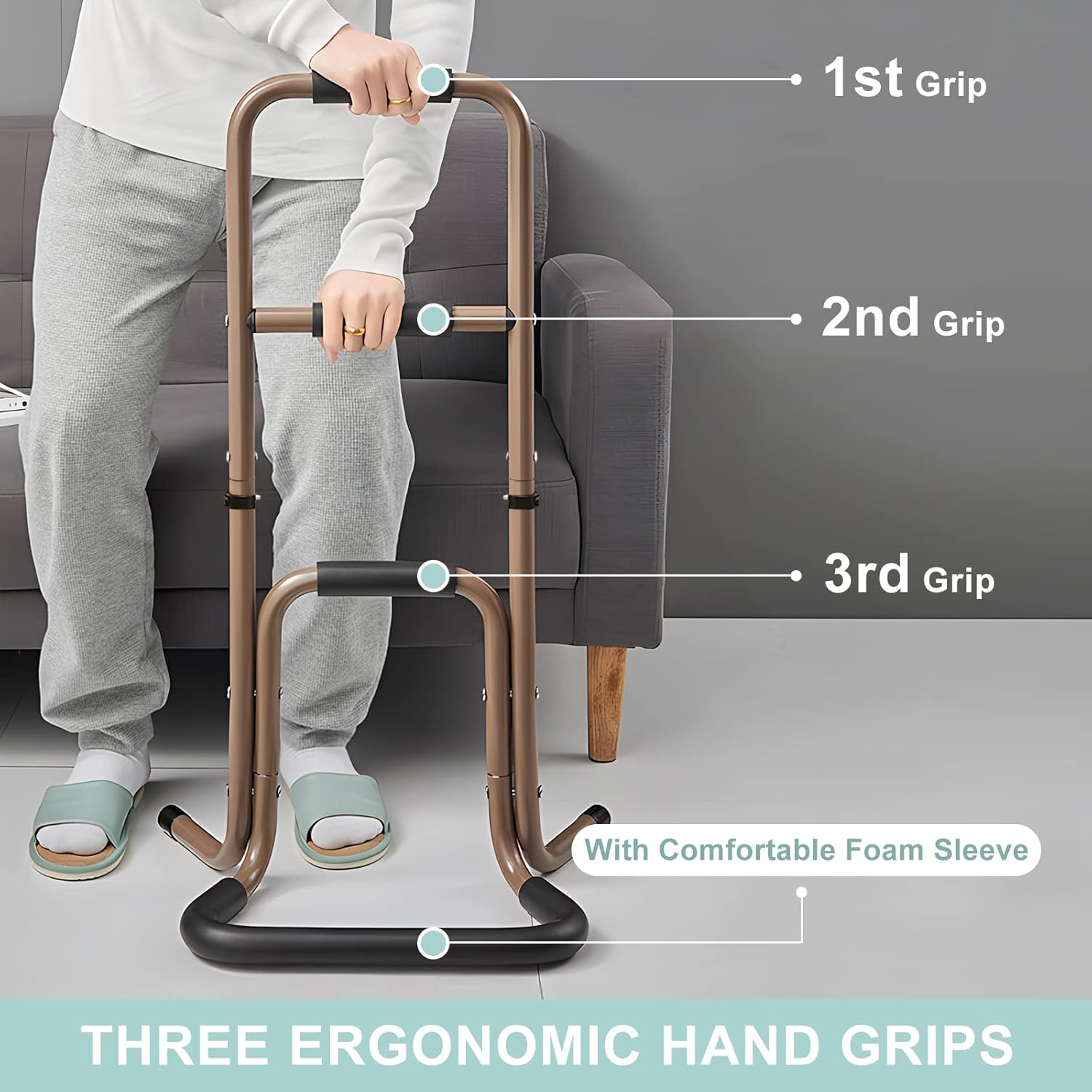 Three-level grip guide for the portable stand assist, showing a person holding the upper and middle handles beside a sofa, with labels for all three foam-padded grips.