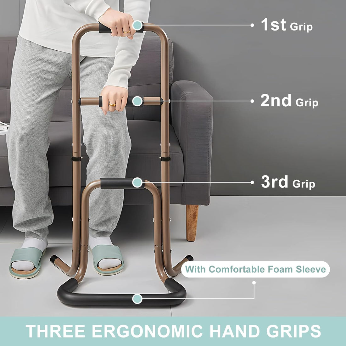 Three-level grip guide for the portable stand assist, showing a person holding the upper and middle handles beside a sofa, with labels for all three foam-padded grips.