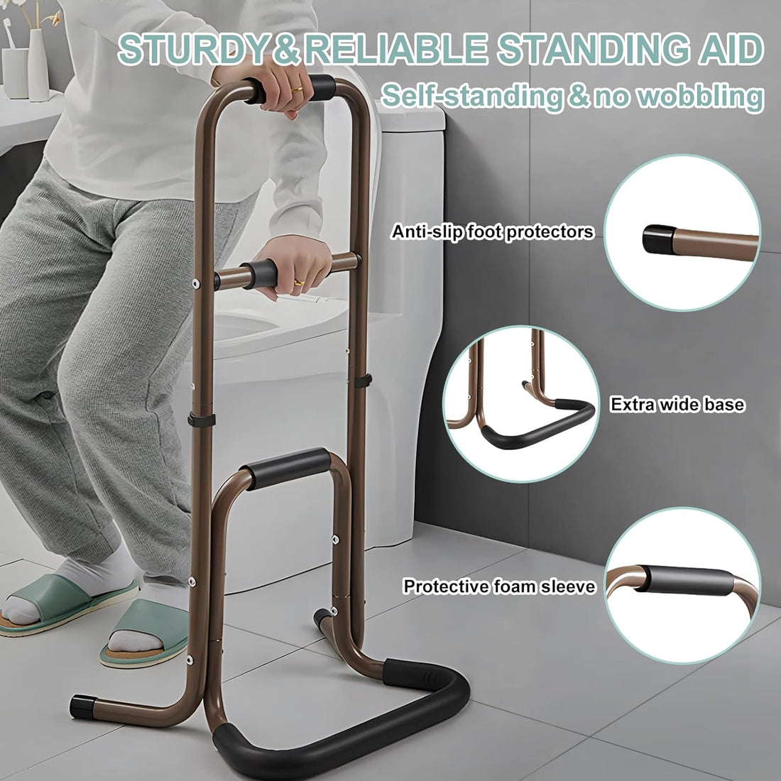 Portable stand assist shown beside a toilet, with close-ups highlighting the anti-slip foot protectors, wide base, and protective foam grip sleeves.