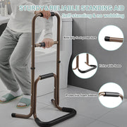 Portable stand assist shown beside a toilet, with close-ups highlighting the anti-slip foot protectors, wide base, and protective foam grip sleeves.