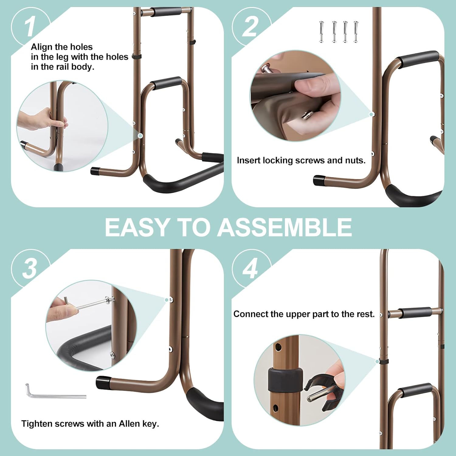 Four-step assembly guide for the aluminum stand assist, showing alignment of the leg holes, insertion of locking screws and nuts, tightening with an Allen key, and connection of the upper frame.