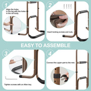 Four-step assembly guide for the aluminum stand assist, showing alignment of the leg holes, insertion of locking screws and nuts, tightening with an Allen key, and connection of the upper frame.