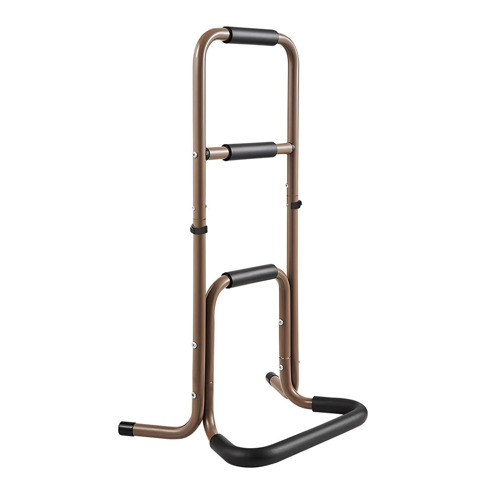 Brown adjustable-height aluminum stand assist with three foam-padded hand grips, telescoping legs, and a wide U-shaped base on a white background.