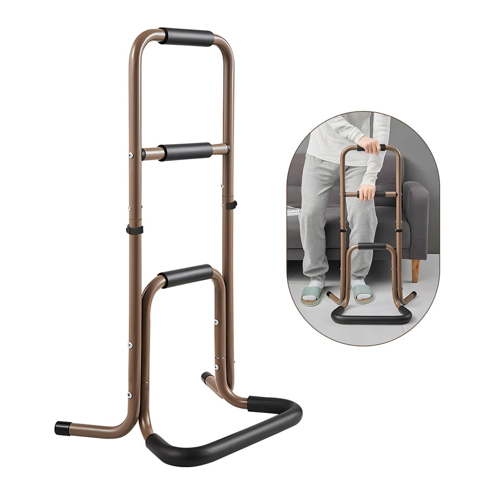 Brown aluminum stand assist with three padded grips and a wide base, shown beside an inset of a person using the handles to stand in front of a sofa.