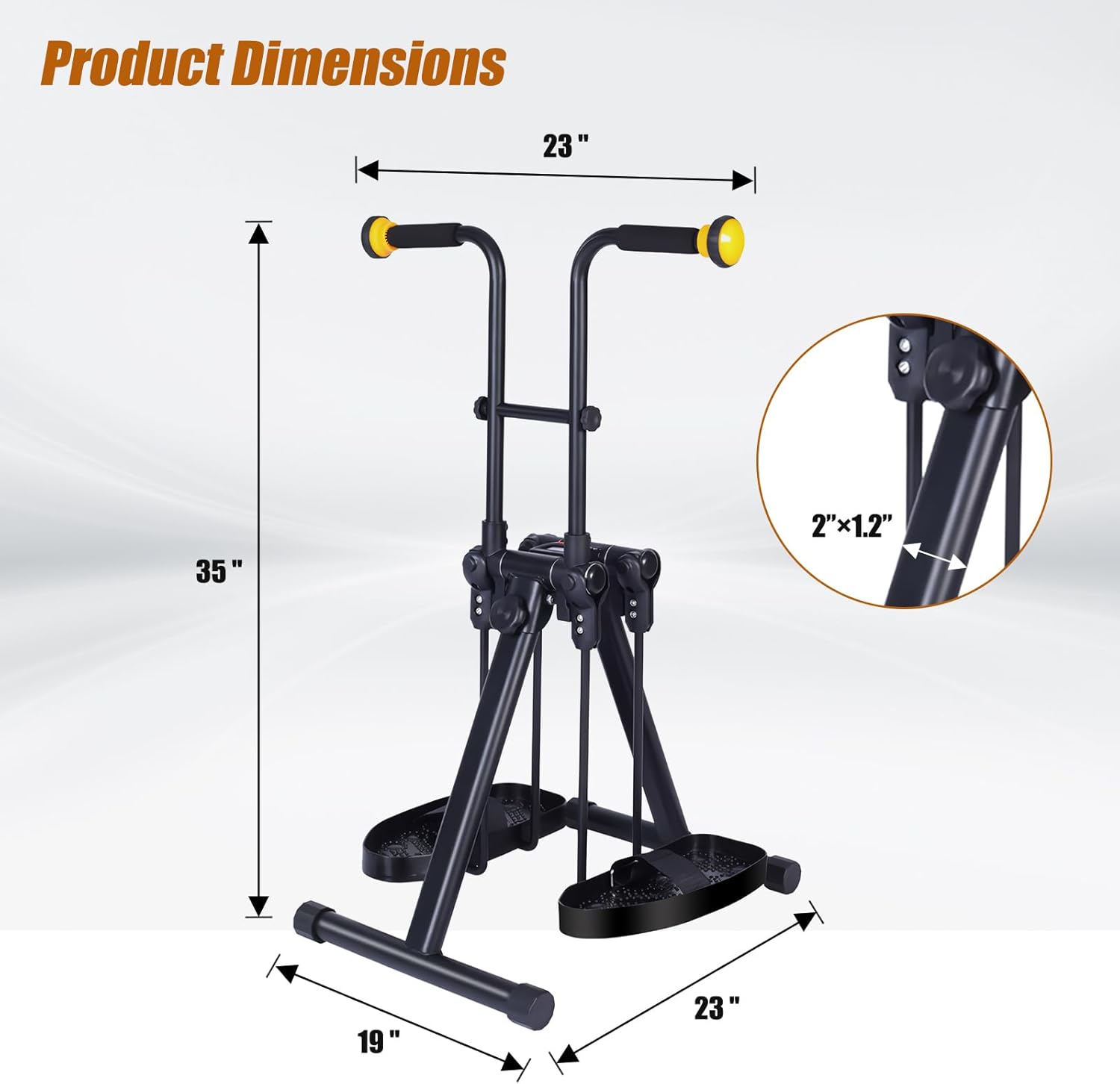 Dimension diagram of the folding arm and leg exerciser showing a 35-inch height, 19-inch base width, 23-inch depth, and 23-inch overall handle width.
