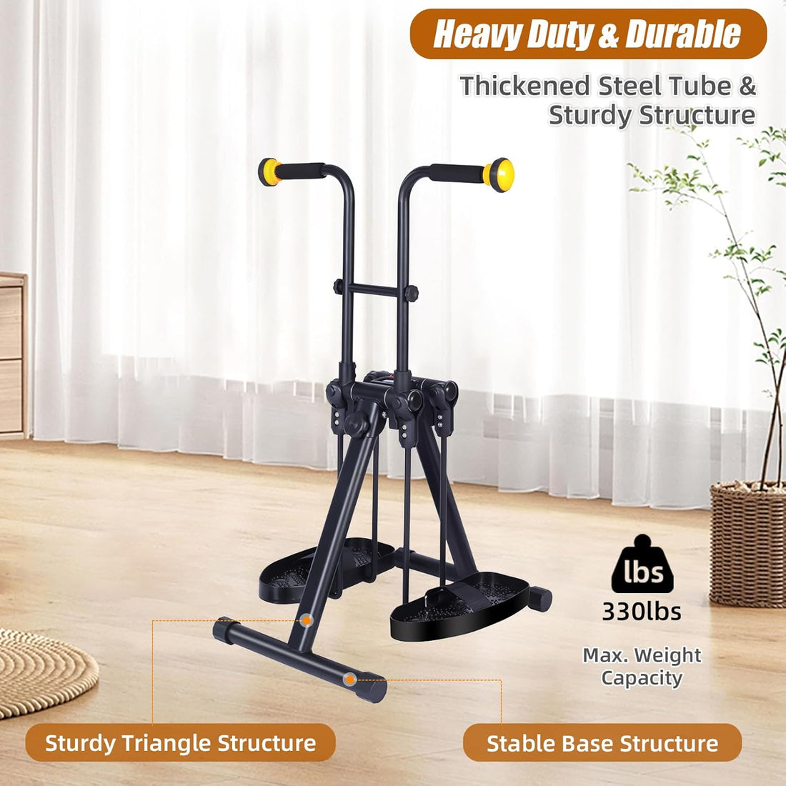 Heavy-duty folding arm and leg exerciser with a reinforced triangular steel frame, wide floor base, foam hand grips, and a stated 330 lb weight capacity.