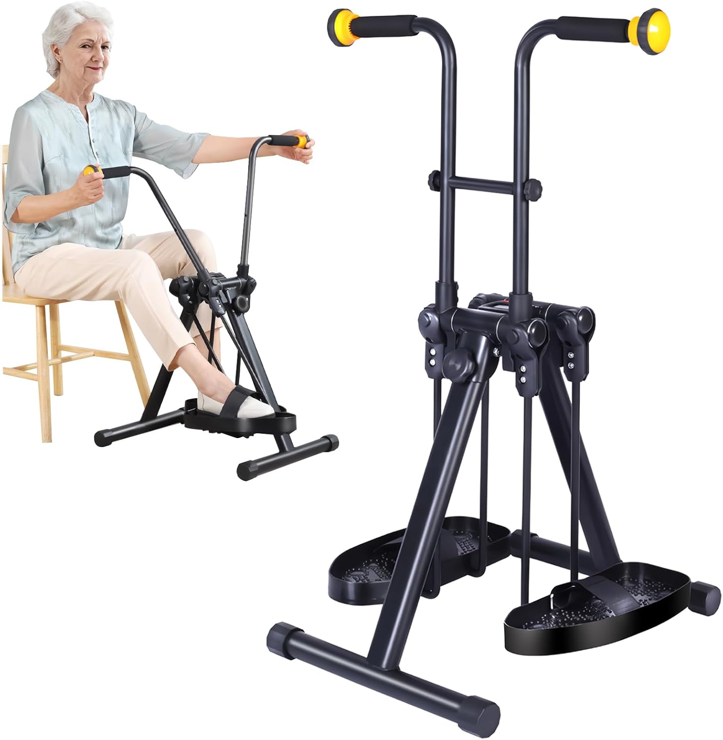 Black folding arm and leg exerciser with foam hand grips, foot pedals, and a sturdy floor base, shown beside a seated senior using the device.