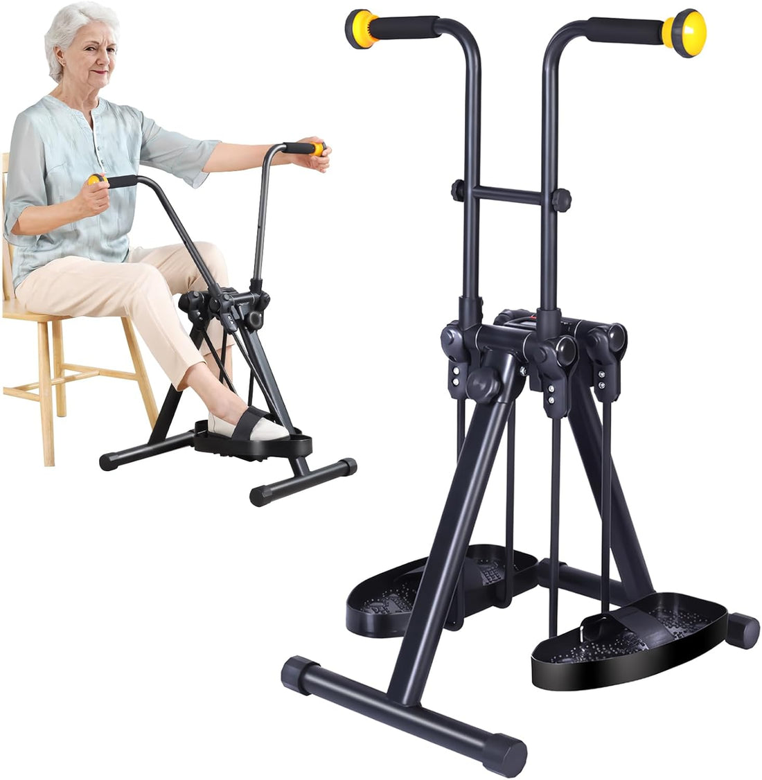 Black folding arm and leg exerciser with foam hand grips, foot pedals, and a sturdy floor base, shown beside a seated senior using the device.