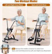 Two workout modes for the folding arm and leg exerciser, showing a seated senior performing left-and-right cross movements and back-and-forth movements, with an inset of the removable middle connector.